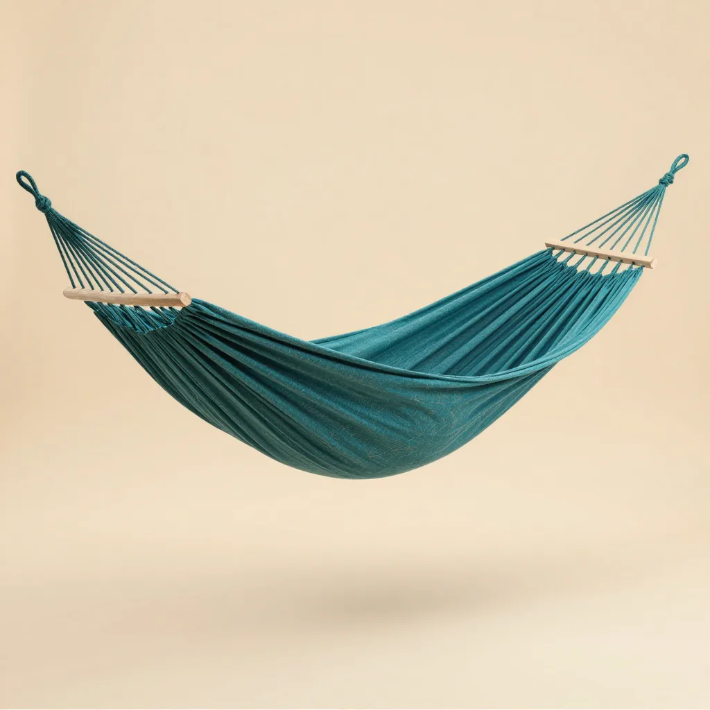 A teal queen Mayan hammock on a light background