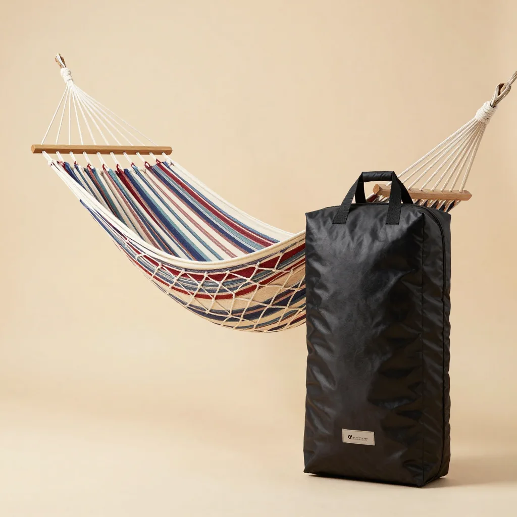 A travel Mayan hammock with a carry bag on a light background