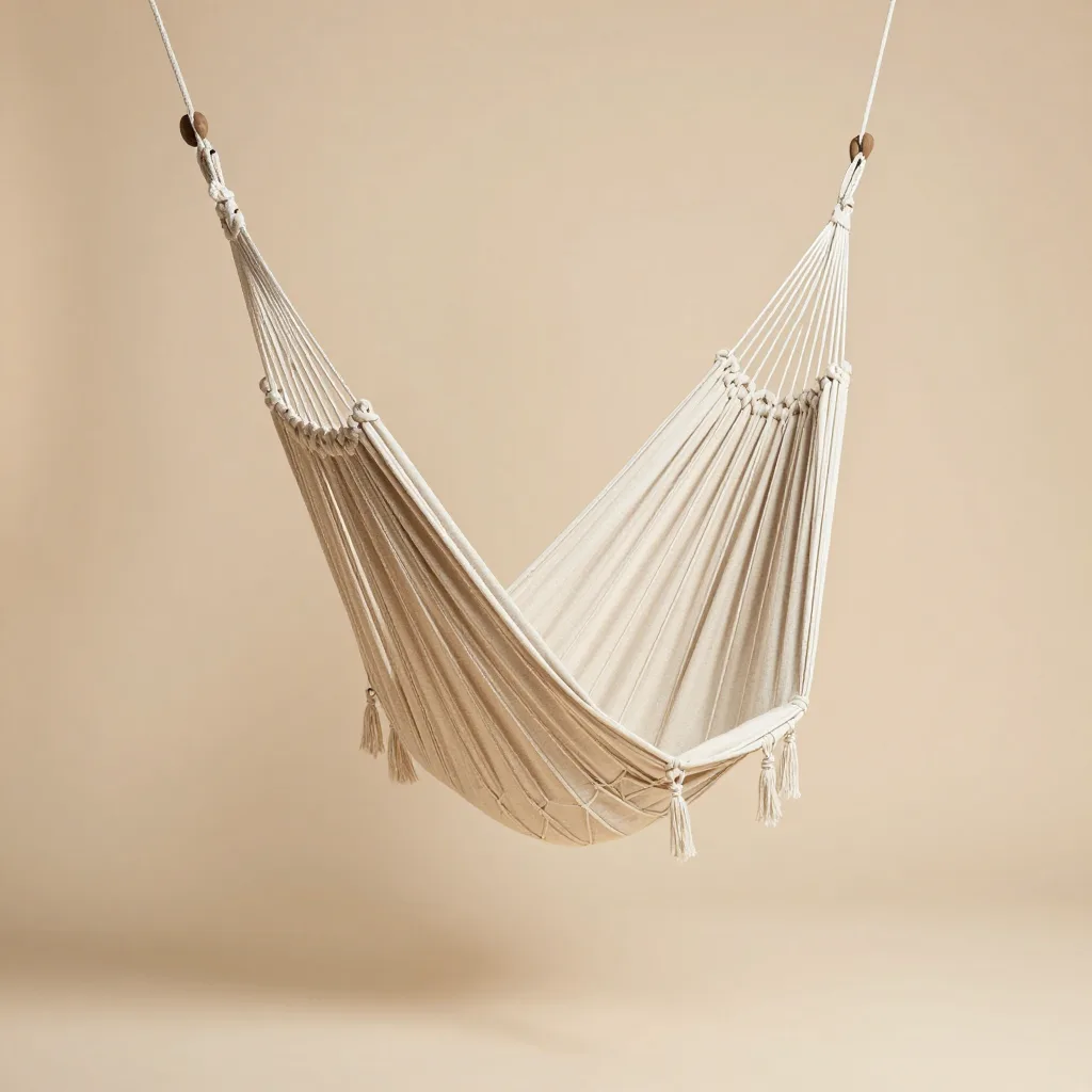 A hand-woven hammock chair on a light background